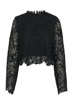 Top scurt din dantelă neagră cu mâneci lungi, având motive florale și un guler înalt cu margine zimțată. Material din dantelă texturată.