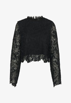 Čierny čipkovaný top s krátkym strihom a dlhými rukávmi, s kvetinovými vzormi a vysokým golierom s ozdobným lemovaním. Textúrovaný čipkovaný materiál.