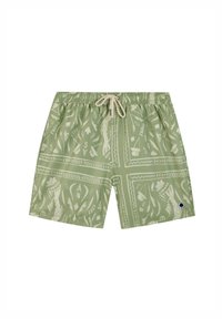 Groene zwembroek met een textuurpatroon en witte iconen en letters, een elastische tailleband en een trekkoord in een natuurlijke kleur.