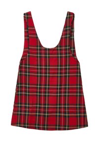 Rotes karriertes Tanktop mit einem runden Halsausschnitt, ärmellosem Design und einer Mischung aus schwarzen, gelben und weißen Linien für das Musterdetail.