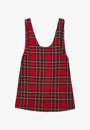 Rotes karriertes Tanktop mit einem runden Halsausschnitt, ärmellosem Design und einer Mischung aus schwarzen, gelben und weißen Linien für das Musterdetail.