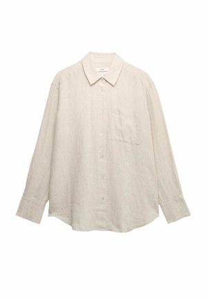 Lichtbeige linnen overhemd met lange mouwen, knoopsluiting aan de voorkant, puntige kraag, een borstzak en een losse pasvorm. Subtiele textuur zichtbaar.