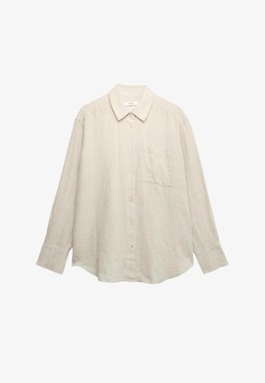 Lichtbeige linnen overhemd met lange mouwen, knoopsluiting aan de voorkant, puntige kraag, een borstzak en een losse pasvorm. Subtiele textuur zichtbaar.