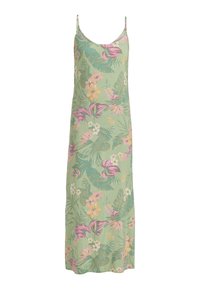Lungo vestito senza maniche in tessuto verde chiaro, caratterizzato da un motivo floreale tropicale in rosa, giallo e verde. Design semplice con sottili spalline.