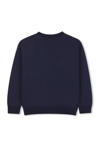 Felpa blu navy con scollatura rotonda, maniche lunghe e polsini a costine. Il materiale sembra morbido con una texture liscia. Design semplice, senza pattern.