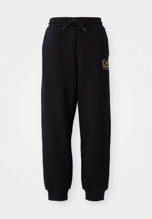 Black sweatpants with a drawstring waist, elastic cuffs, and a small gold logo on the left side. Soft fabric with a smooth texture.