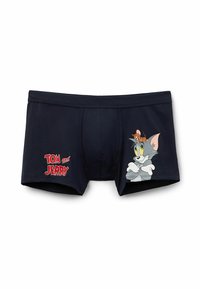Boxer shorts de color azul oscuro con un gráfico de dibujos animados de Tom y Jerry, con texto rojo que dice "TOM y JERRY" en el lado izquierdo.