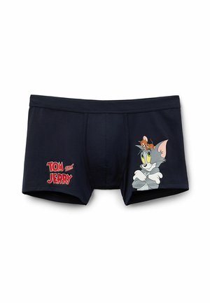 Dunkelblaue Boxer-Briefs mit einer Cartoon-Grafik von Tom und Jerry, mit rotem Text "TOM und JERRY" auf der linken Seite.