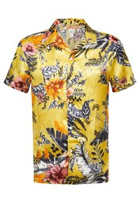 Koszula z krótkim rękawem w żółtym materiale z kwiatowym wzorem w kolorach różowym, pomarańczowym i czarnym. Posiada zapięcie na guziki z przodu oraz kołnierz w stylu camp.