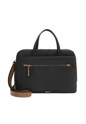 Borsa nera in nylon con due manici superiori e una tracolla rimovibile marrone. Presenta una tasca con zip anteriore e dettagli in oro del logo.