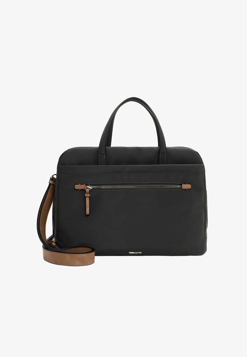 Black nylon bag with two top handles and a removable brown shoulder strap. Features a front zip pocket and gold logo detail.