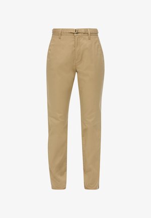 Tan, lightweight chinos with a smooth texture, tapered leg design, elastic waistband, and a silver buckle detail at the front.
