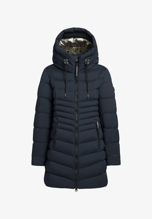 Laivastonsininen toppatakki, jossa on korkea kaulus ja ylimitoitettu huppu, kiiltävä hopeanvärinen vuori, etuvetoketju ja kaksi vetoketjullista taskua.