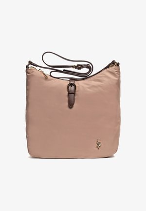 Bolso de hombro de nailon beige con detalles en cuero marrón, una correa desmontable y un detalle de logo en tono dorado. Textura suave, cierre de cremallera.