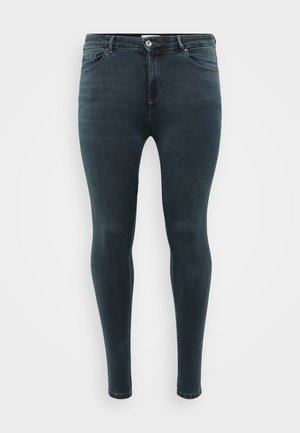 Dunkelblaue Skinny Jeans aus Denim, mit einem klassischen Fünf-Taschen-Design, Druckknopf- und Reißverschluss, sowie einer glatten Textur.