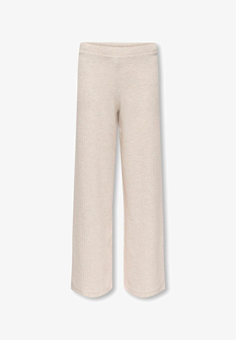 Beige wijde broek met een geribbelde textuur, voorzien van een elastische tailleband en een losse pasvorm, geschikt voor casual dragen.