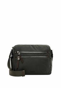 Borsa a spalla in nylon verde scuro con due tasche frontali con zip, dettagli in pelle marrone, tracolla regolabile e superficie liscia.