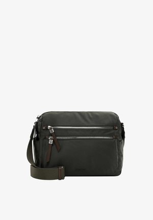 Tamsiai žalia nailono petinėse rankinėje su dviem užtrauktukais priekyje, rudos odos akcentais, reguliuojama juosta ir lygiu paviršiumi.