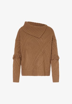 Maglione marrone lavorato a maglia con un ampio colletto, motivi testurizzati e dettagli con frange sulle maniche. Lunghezza cropped con orlo e polsini a coste.