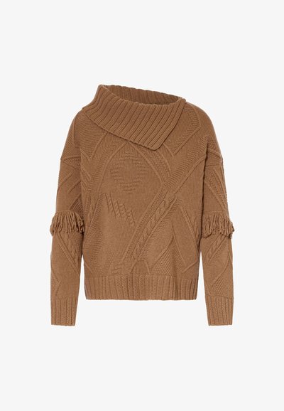Hnědý pletený svetr s širokým límcem, texturovanými vzory a třásněmi na rukávech. Zkrácená délka se žebrovaným lemem a manžetami.