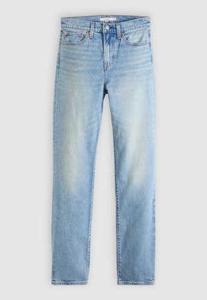 Blugi din denim albastru deschis cu design cu picior drept, având accente decolorate, cinci buzunare și accesorii de culoare cupru. Stil clasic.