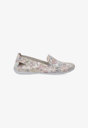 Bloemen slip-on schoenen met een glanzende, pastelgekleurde bovenkant met patroon en uitsnijdingen, en een gestructureerde witte rubberen zool.