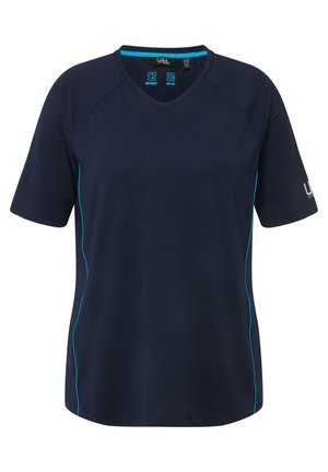 Camiseta de manga corta en azul marino con escote en V, hecha de tejido que absorbe la humedad, con acentos laterales en turquesa y un logo en la manga.