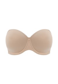 Sujetador nude sin tirantes con copas moldeadas y soporte de aros. Presenta un cierre frontal y un brillo sutil. Diseño sin costuras para un aspecto elegante.