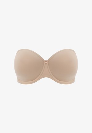Beige strapless bh met gladde stof, gevoerde cups en een haaksluiting in het midden. Gecorrigeerde vorm voor een naadloze pasvorm onder kleding.
