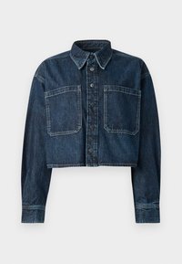 Geknipte denimjas in donkerblauw. Heeft een knoopsluiting, puntige kraag, twee voorkruiszakken en gestikte details op de mouwen en de zoom.