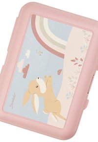 Pink lunchbox with illustration of a bunny reaching for a mushroom under a pastel rainbow and small plants.