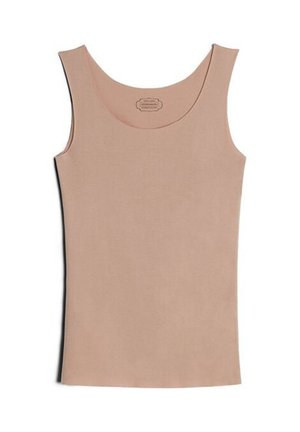 Mouwloos beige tanktop met een ronde hals, gladde stof en een aansluitende pasvorm, plat weergegeven op een witte achtergrond.