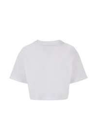 Hvid cropped t-shirt lavet af bomuld, med rund hals og korte ærmer, en glat tekstur og minimalistisk design.
