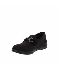 Scarpe slip-on nere con punta arrotondata, colletto imbottito, lati elastici e dettaglio in catena argentata sulla tomaia. Suola in gomma leggera.
