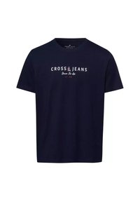 Granatowa bawełniana koszulka z okrągłym dekoltem i krótkimi rękawami, z białym i czerwonym napisem "CROSS JEANS" na przodzie.