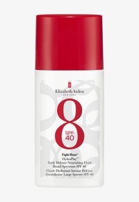 Bottiglia bianca con tappo rosso; presenta un bold rosso "8" e il testo "SPF 40". Include il marchio "Elizabeth Arden" e dettagli del prodotto in caratteri più piccoli.