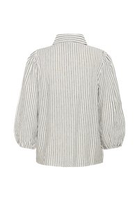 Bijela bluza s uspravnim crnim prugama, nabranim dugim rukavima i okomitim ovratnikom, prikazana s leđa na bijeloj pozadini.