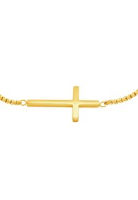 Collana con croce in tonalità oro su una catena a maglie, caratterizzata da una finitura lucida e un design elegante con proporzioni uniformi e senza decorazioni.
