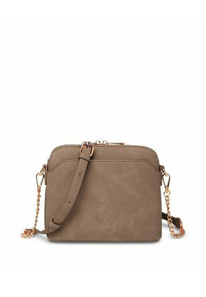 Taupe suede crossbody bag with adjustable strap and gold chain accents, featuring a zipper closure and subtle embossed logo on front.