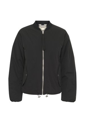 Černá bomber bunda vyrobená z hladkého materiálu se zapínáním na zip, žebrovaným límcem a elastickými manžetami. Obsahuje boční kapsy a nastavitelné zakončení.
