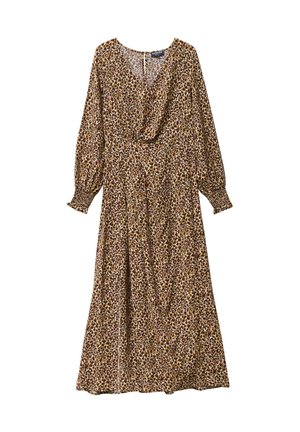 Bloemrijke midi-jurk van lichtgewicht stof met een diepe V-hals, lange poffende mouwen en een getailleerde taille, met een bruin-gele luipaardprint.