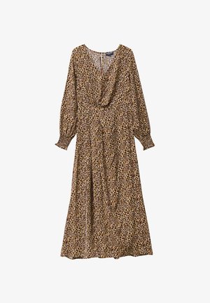 Bloemrijke midi-jurk van lichtgewicht stof met een diepe V-hals, lange poffende mouwen en een getailleerde taille, met een bruin-gele luipaardprint.