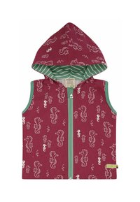 Roter ärmelloser Hoodie mit grünem Reißverschluss und Akzenten. Hat weiße Muster mit Seepferdchen und Blasen. Gefüttert mit grün-weißer gestreifter Stoff.