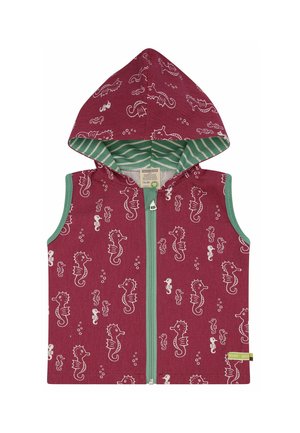 Rode mouwloze hoodie met een groene rits en accenten. Voorzien van witte zeepaard- en luchtbelpatronen. Gevoerd met groen en wit gestreepte stof.