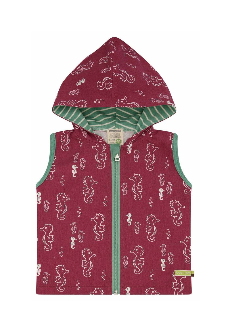 Roter ärmelloser Hoodie mit grünem Reißverschluss und Akzenten. Hat weiße Muster mit Seepferdchen und Blasen. Gefüttert mit grün-weißer gestreifter Stoff.