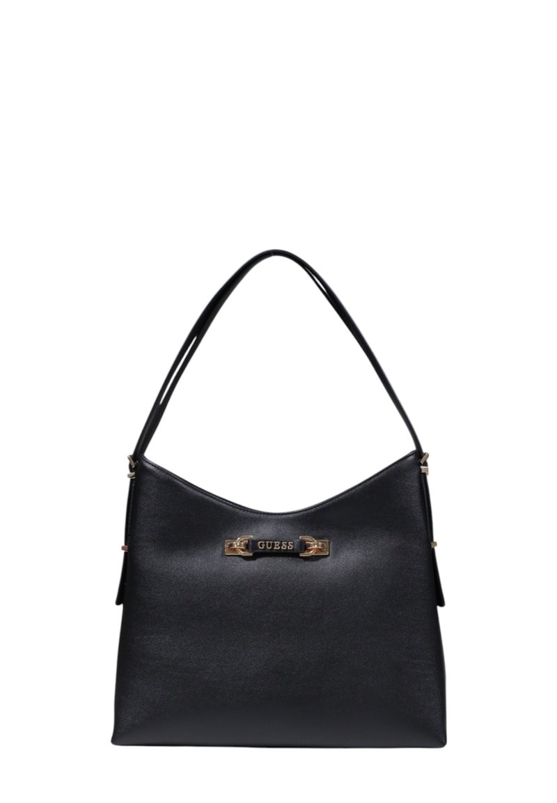 Borsa a mano in pelle nera con una texture liscia, una forma curvilinea e un manico singolo. Presenta una placca con logo in tonalità oro sul davanti.