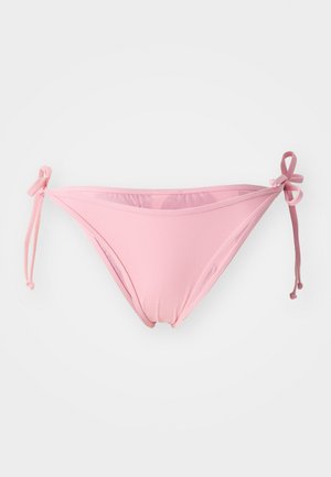 Rosa bikinitruse med justerbare knytninger på sidene, laget av glatt, elastisk stoff, med lav midje.
