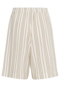 Shorts à rayures verticales beige et blanches avec une taille élastique et une coupe décontractée.