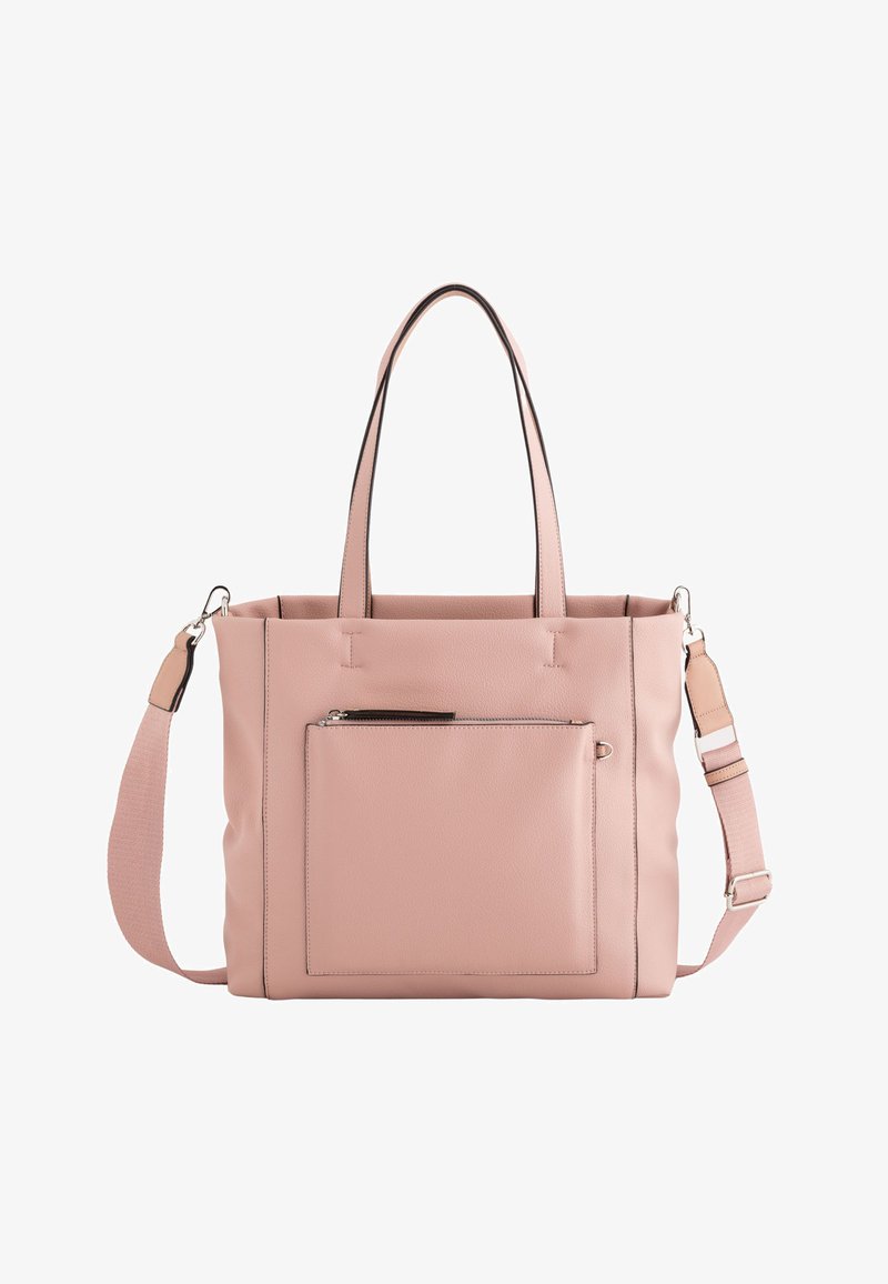 Rosa læder tote bag med to hanke og en aftagelig skulderrem. Har en lynlåslomme foran og en struktureret overflade.