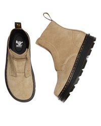 Botine de gleznă din suede bej, cu panouri laterale elastice, tab de tras și o talpă din cauciuc negru contrastant, cu cusături galbene și un model de profil.